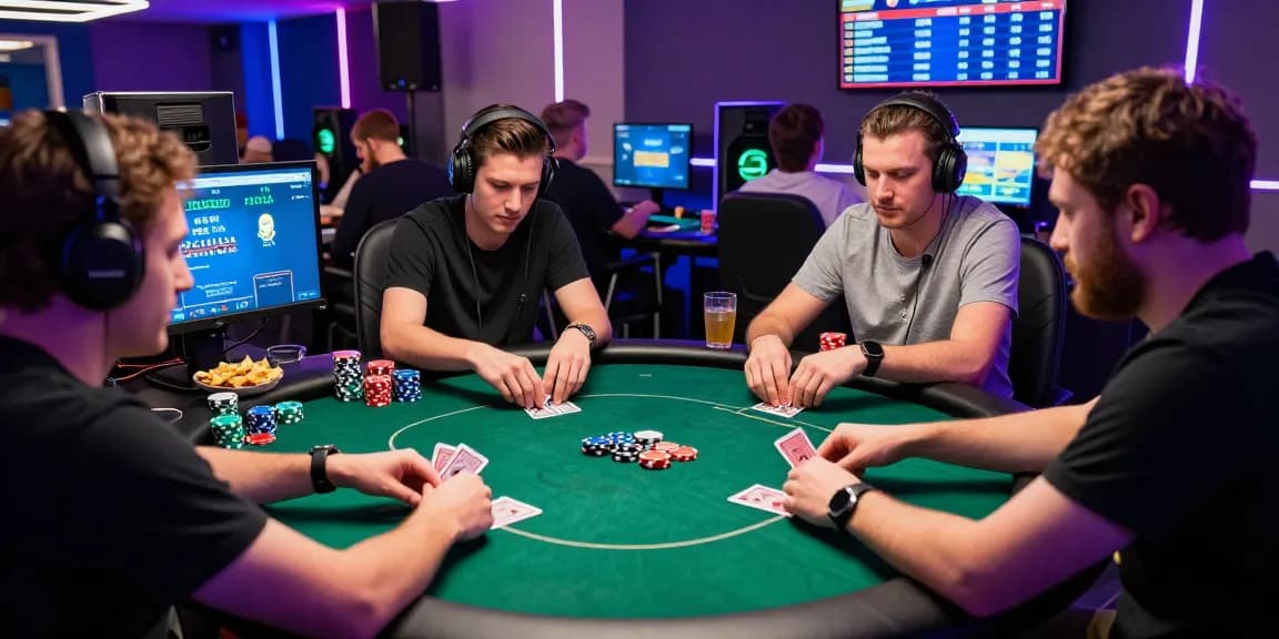 Join the excitement of Daftar Dominobet online poker with friends around a glowing gaming table.