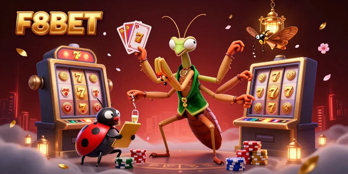 Experience the thrill with F8BET in a vibrant casino scene featuring unique 3D characters.