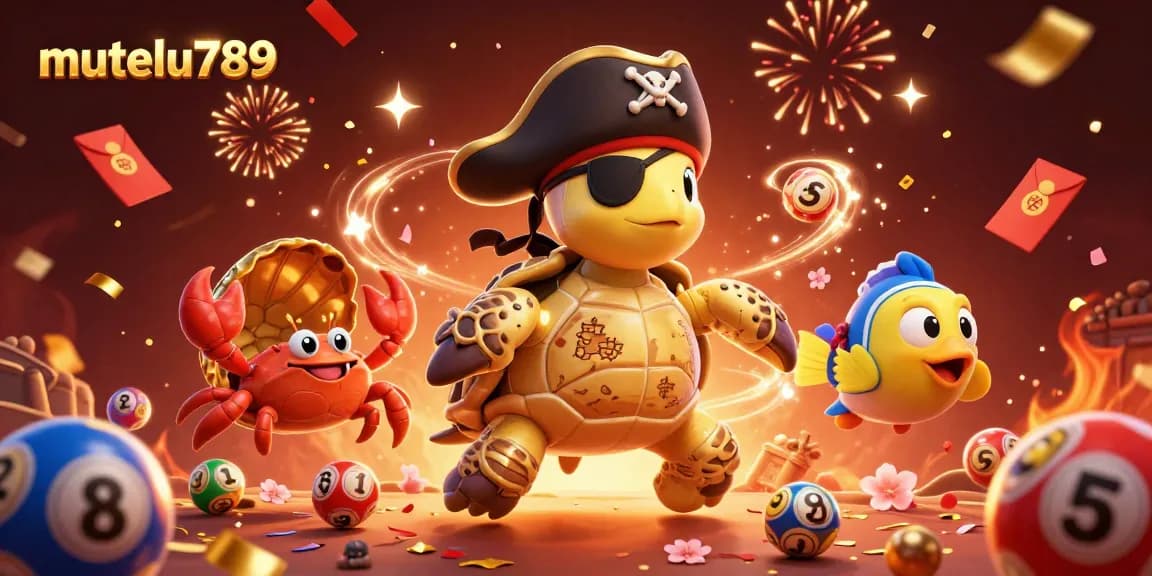 Discover the vibrant world of mutelu789 as a playful turtle and friends celebrate lottery wins amidst dynamic decorations.