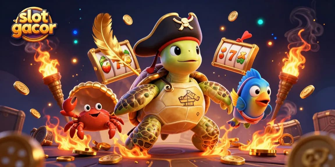 Engage in slot gacor action with animated characters above slot reels and treasures.