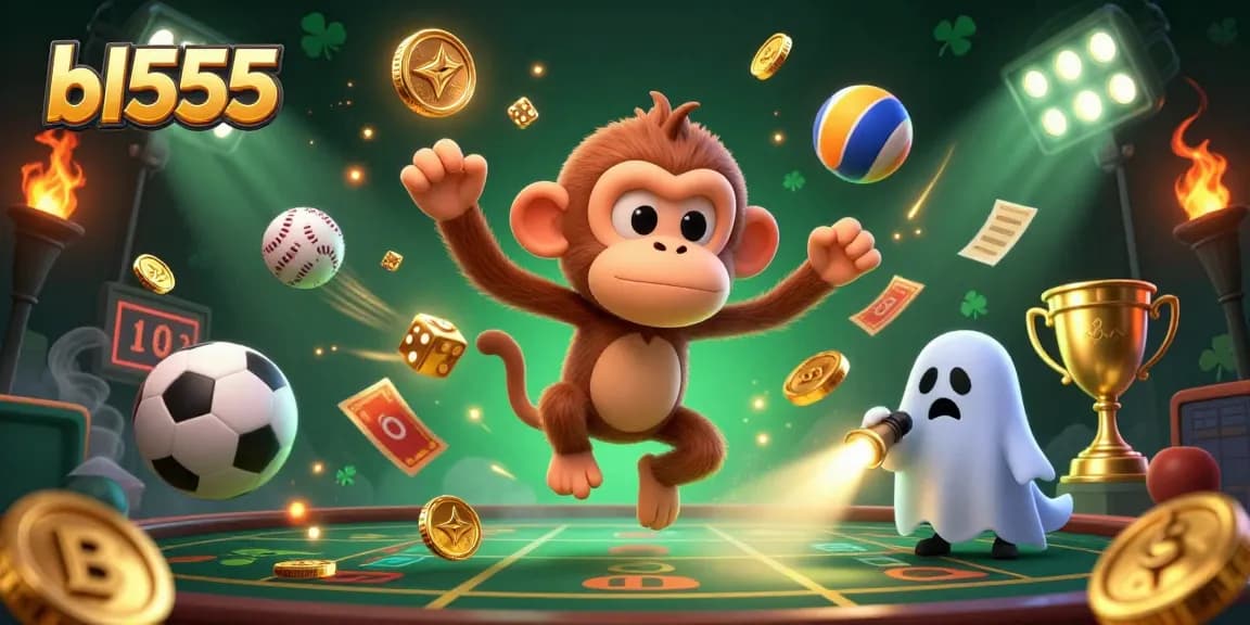 Experience the thrilling world of bl555 with a poltergeist monkey juggling in a dynamic casino scene.