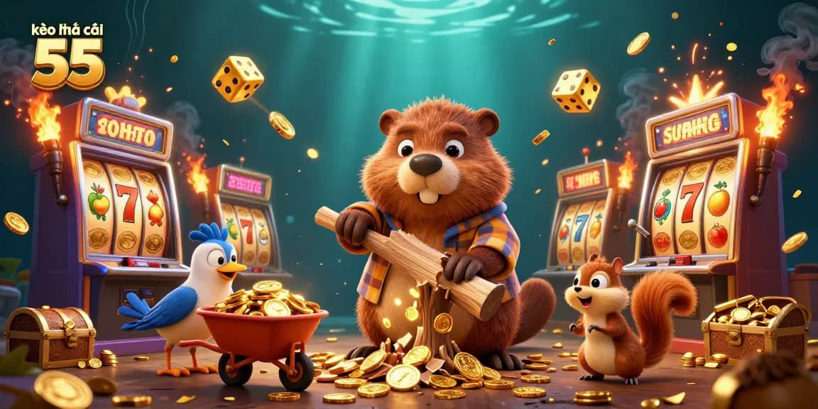 Join the action with kèo nhà cái 55 as our lively characters celebrate winnings in a gold-filled scene.