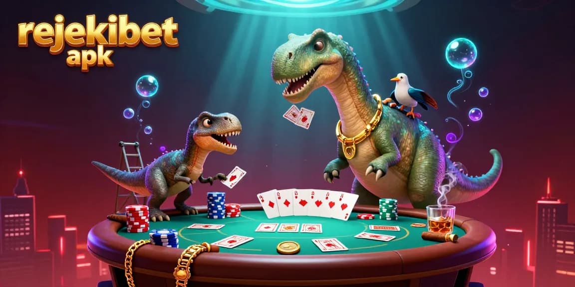 Engage with rejekibet apk at a vibrant casino featuring a brontosaurus and poker action.