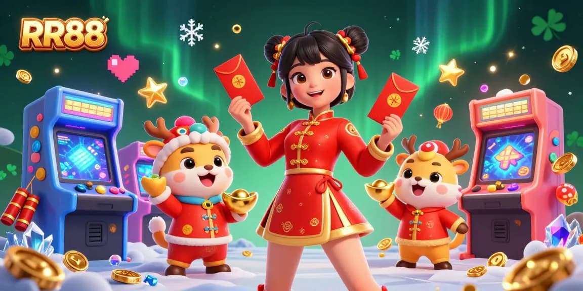 RR88 offers vibrant casino excitement with colorful characters celebrating Lunar New Year and a rich gaming atmosphere.