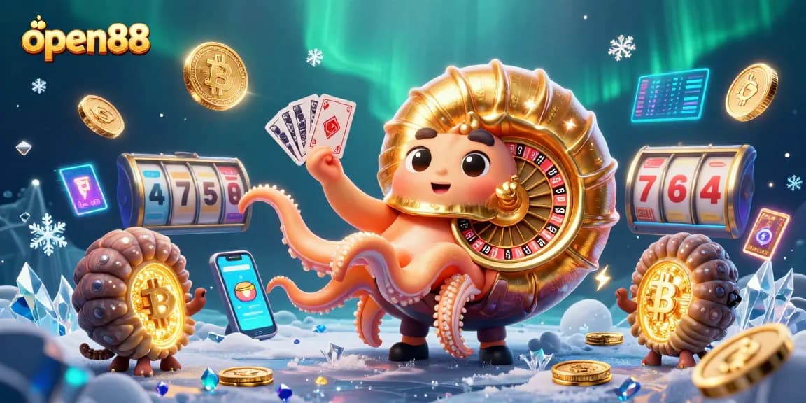 Engage with open88's vibrant 3D casino scene featuring a giant nautilus roulette wheel, glowing crypto coins, and immersive gaming elements.