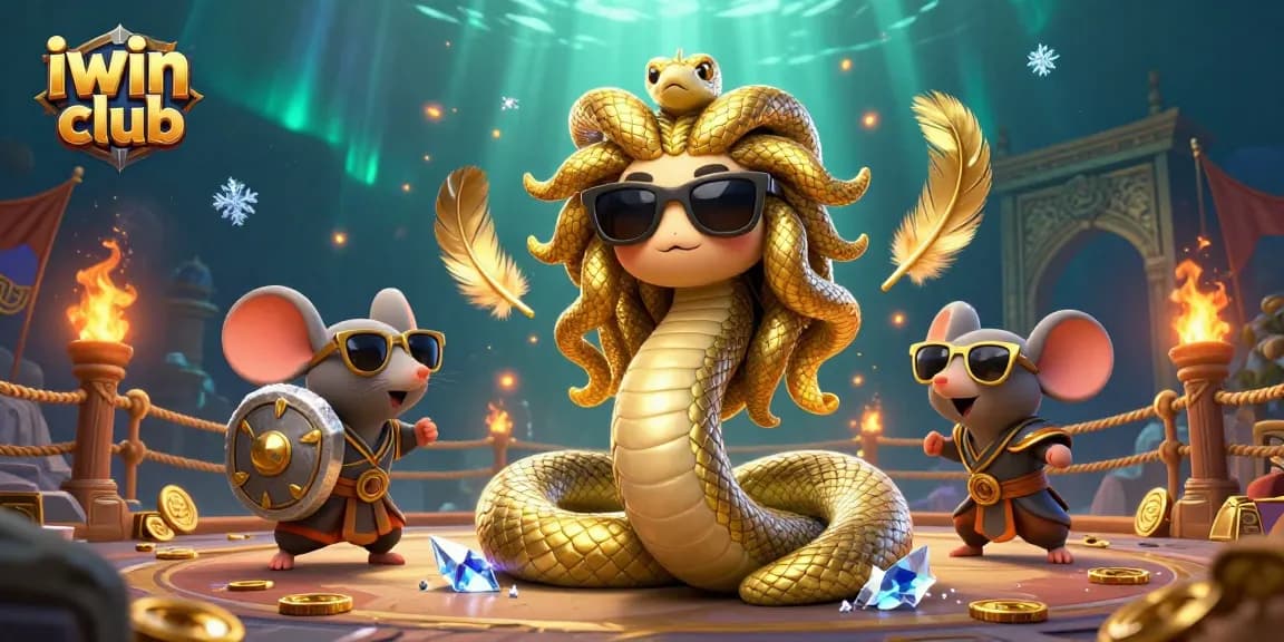 Win big with iwin club in a colorful 3D gambling scene featuring Medusa and golden elements.