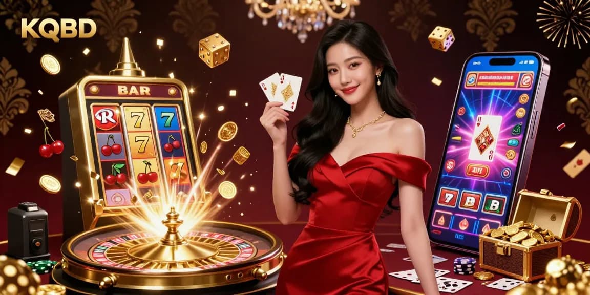 KQBD platform offers thrilling casino vibes with a glamorous Asian dealer holding a playing card, surrounded by exciting gaming elements.
