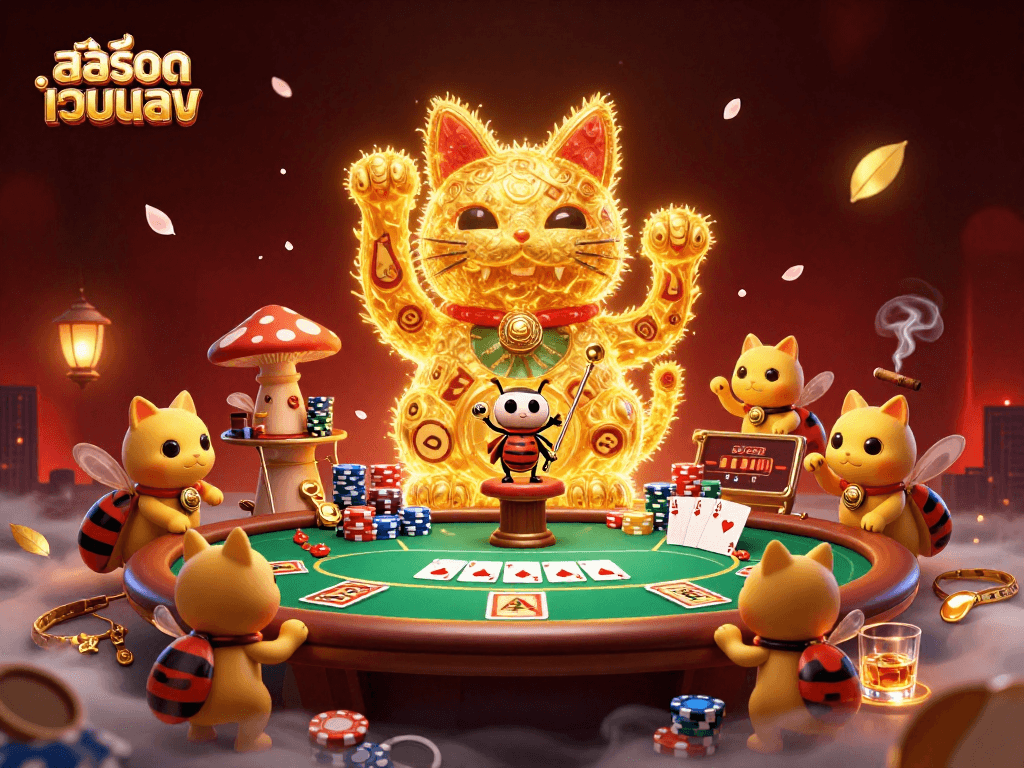 Experience exciting สล็อตออนไลน์ gameplay with สล็อตเว็บตรง symbols and golden lucky cat in vibrant casino scene.