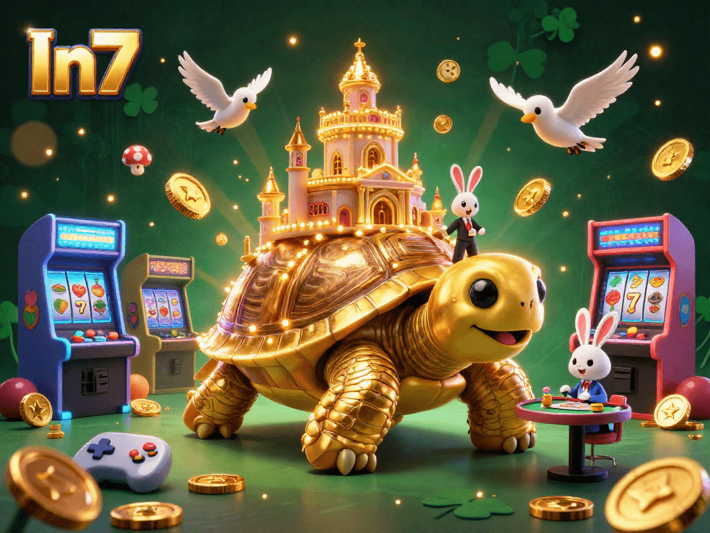 Experience In7's dynamic casino magic with a whimsical scene of a tortoise palace and cheerful characters.