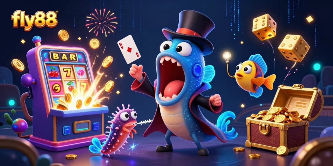 fly88 showcases a magical underwater scene with a gulper eel performing casino card tricks surrounded by vibrant game elements