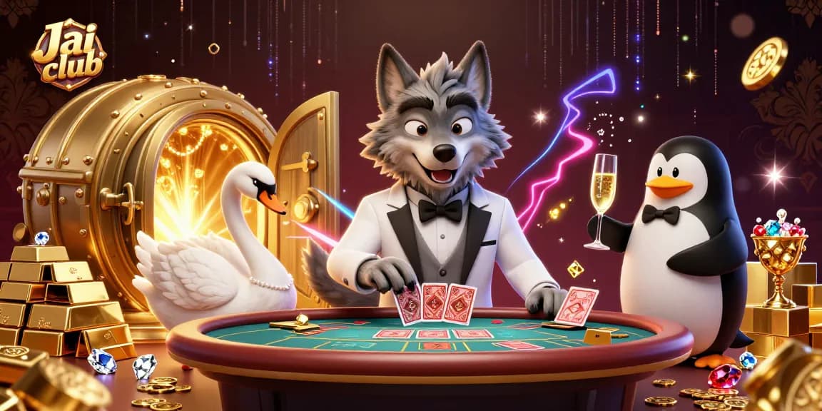 Experience thrilling baccarat action with Jai club's elite characters in a rich, dynamic casino scene.