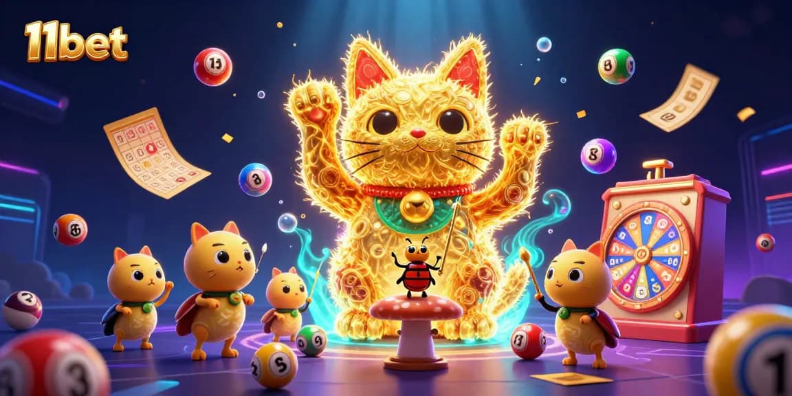 Experience the vibrant energy of 11bet's lucky cat symbolizing winning casino fun with colorful dynamic elements.