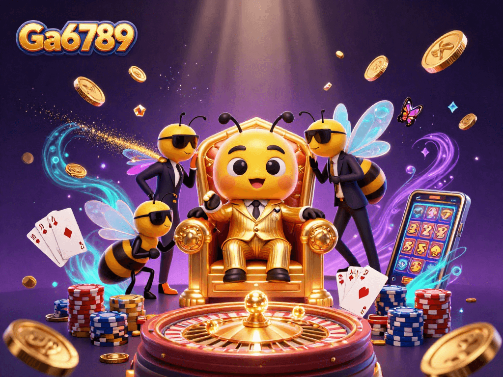 Engage with Ga6789's vibrant casino world featuring a mob boss, gems, and spinning roulette.