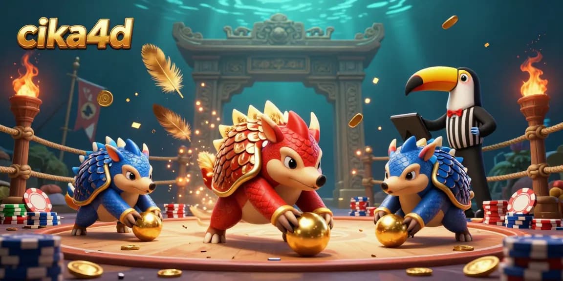 Cika4d pangolins compete in a dynamic casino scene, rolling golden balls and poker chips with vibrant energy.