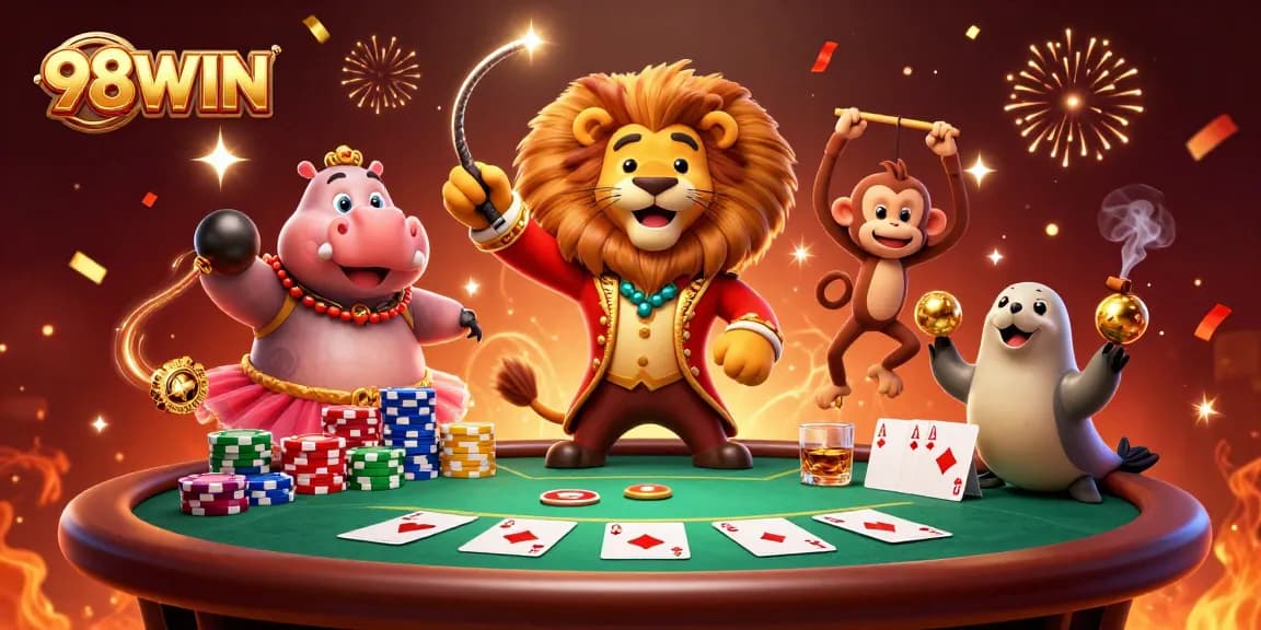 Experience the thrilling casino atmosphere of 98WIN with a lively circus-inspired gaming scene.