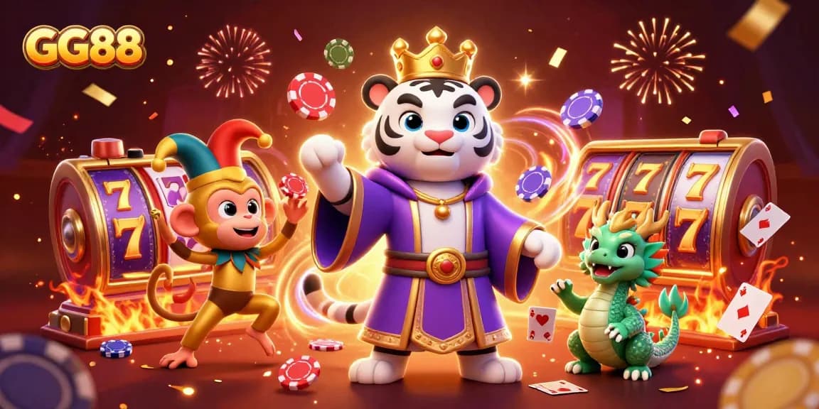 Experience the excitement of GG88 with an illustration featuring a royal tiger, a jester monkey, and casino games.