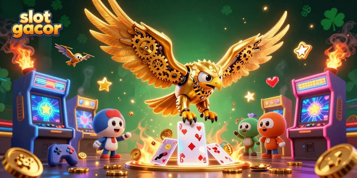 Experience "slot gacor" action with a cybernetic eagle amidst 3D arcade games and neon elements.