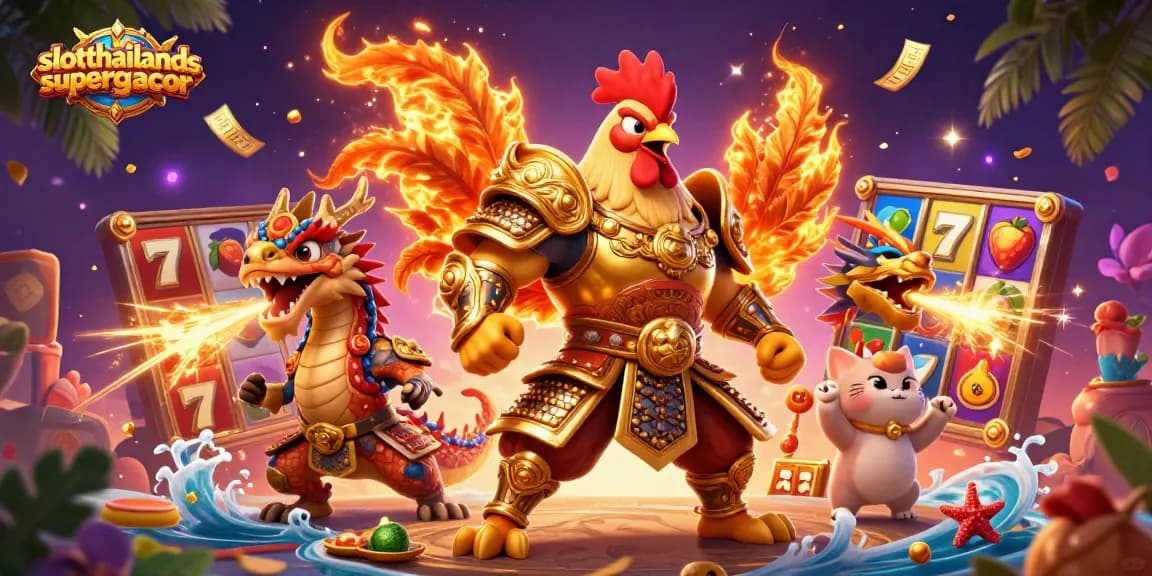 Spin and win on slotthailandsupergacor with a dynamic 3D illustration of a samurai rooster and dragon!