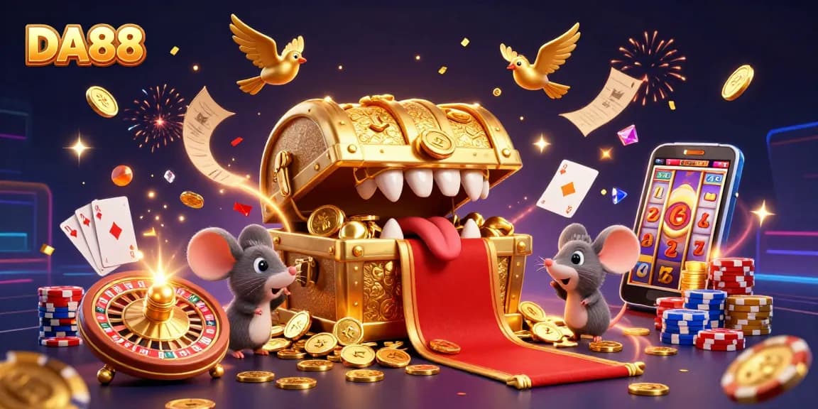Find DA88 online casino treasures with golden chest and vibrant casino elements