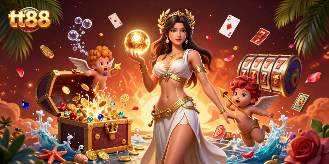 Experience tt88 with stunning 3D illustrations featuring a glamorous goddess and casino elements.