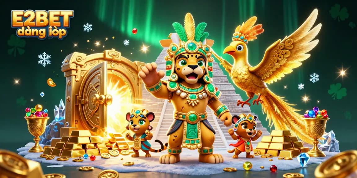 Engage in thrilling casino excitement with E2BET đăng nhập showcasing dynamic 3D characters and golden treasures.