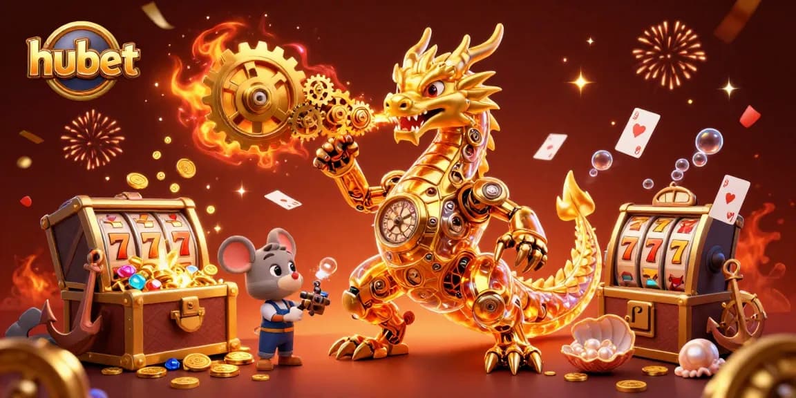Engage with the hubet casino world featuring a golden dragon and slot machine elements.