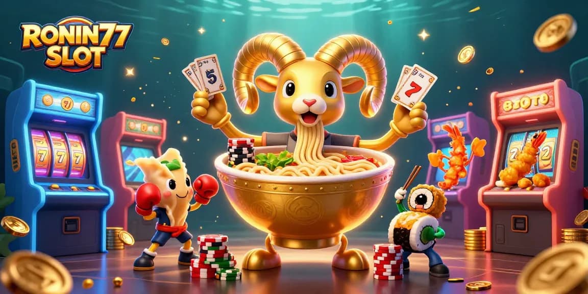 Experience action with RONIN77 SLOT where a giant ramen bowl deals cards amidst sparkling slot reels.