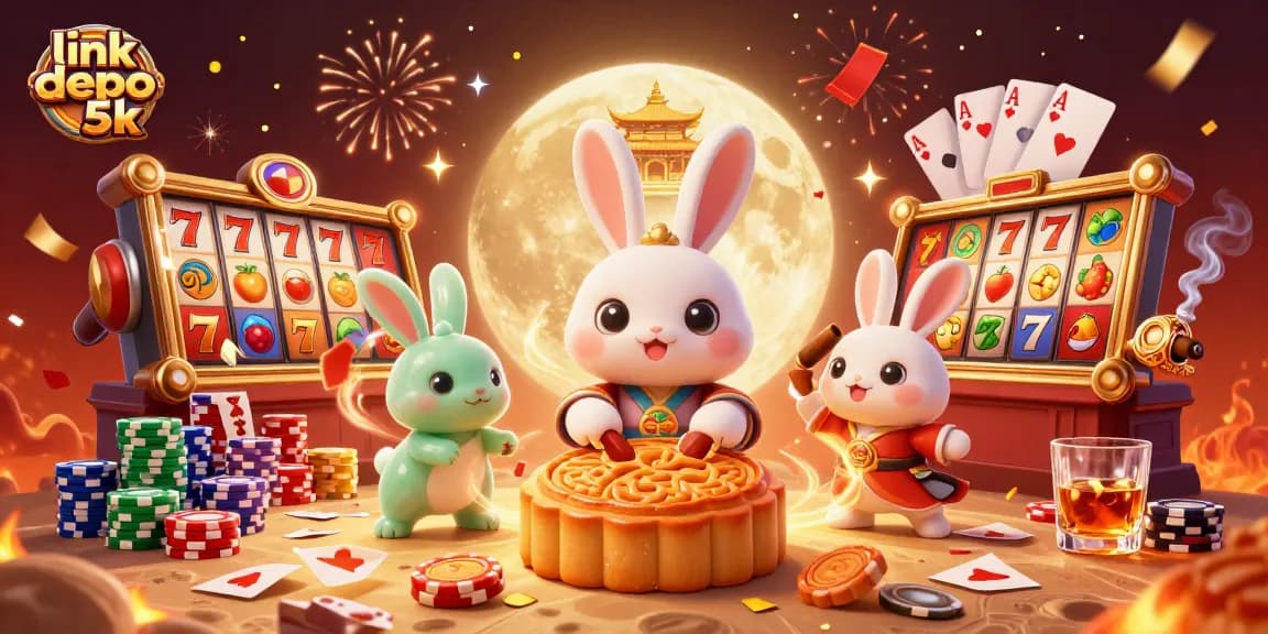 Win big with link depo 5k in a vibrant, festive 3D casino scene featuring lucky symbols.