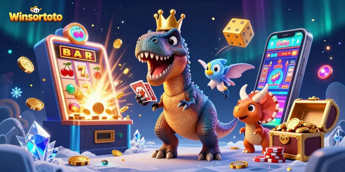 Memenangkan permainan di winsortoto dengan karakter kartun 3D T-Rex dan teman-teman, penuh dengan elemen kasino.