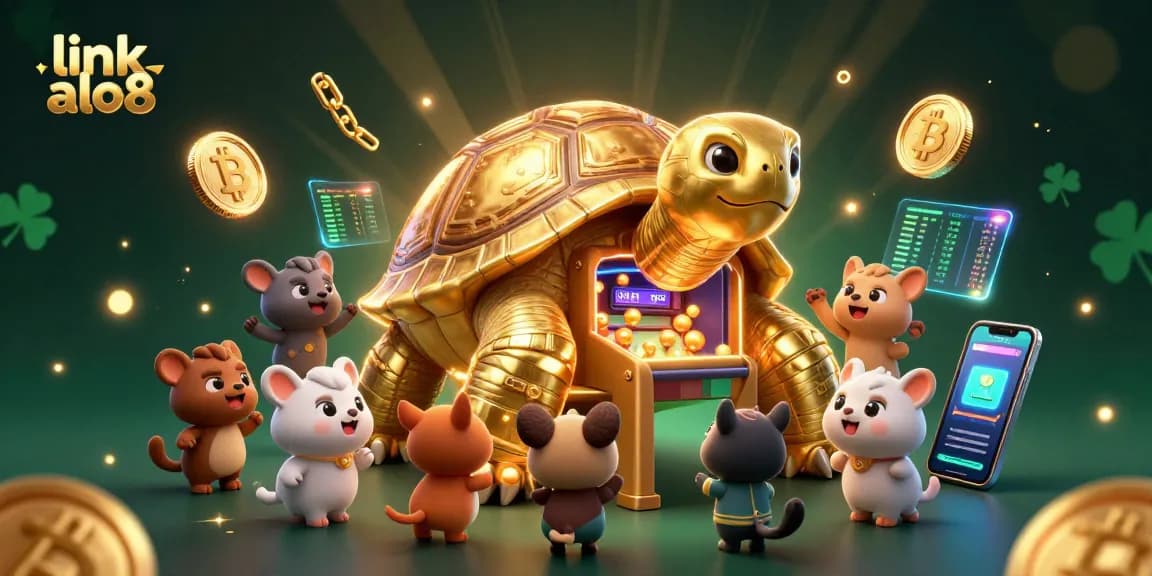 Experience thrilling action at link alo8, featuring a colossal golden tortoise pinball machine and animated casino elements.