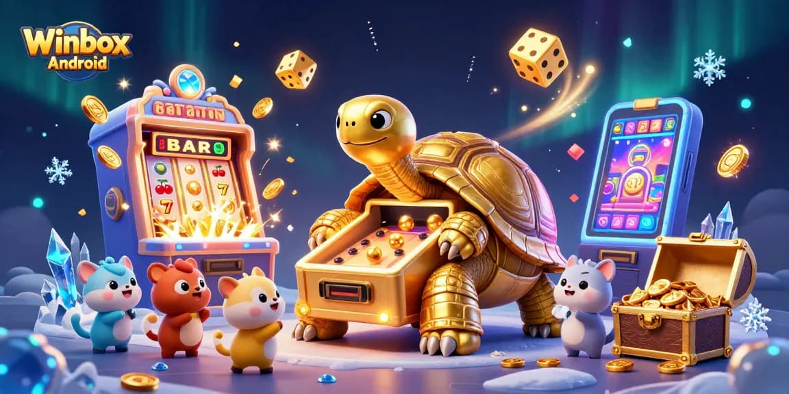 Winbox Android app gaming experience illustrated with a vibrant, animated casino scene full of action.