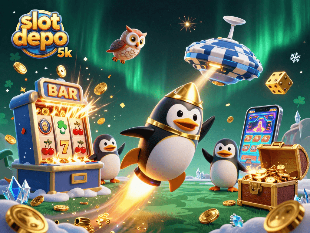 Experience thrilling slot depo 5k action with a vibrant casino scene featuring a golden penguin and jackpot frenzy.