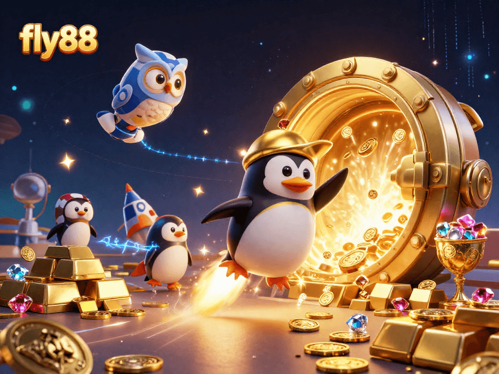 Experience winning excitement at fly88 with the golden penguin racing towards a vibrant casino.