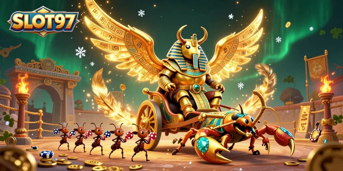 SLOT97 offers thrilling spins with a colossal golden scarab beetle leading in a vibrant casino illustration.