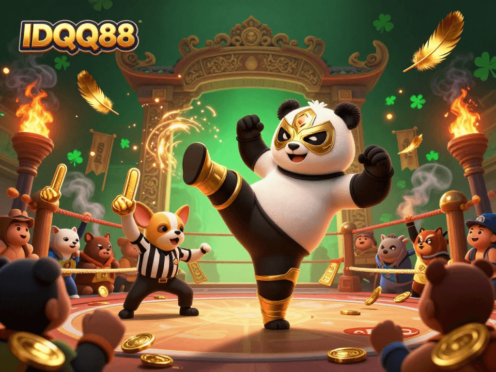 IDQQ88 showcases a thrilling scene with a panda wrestler performing, enhancing excitement in online gambling.