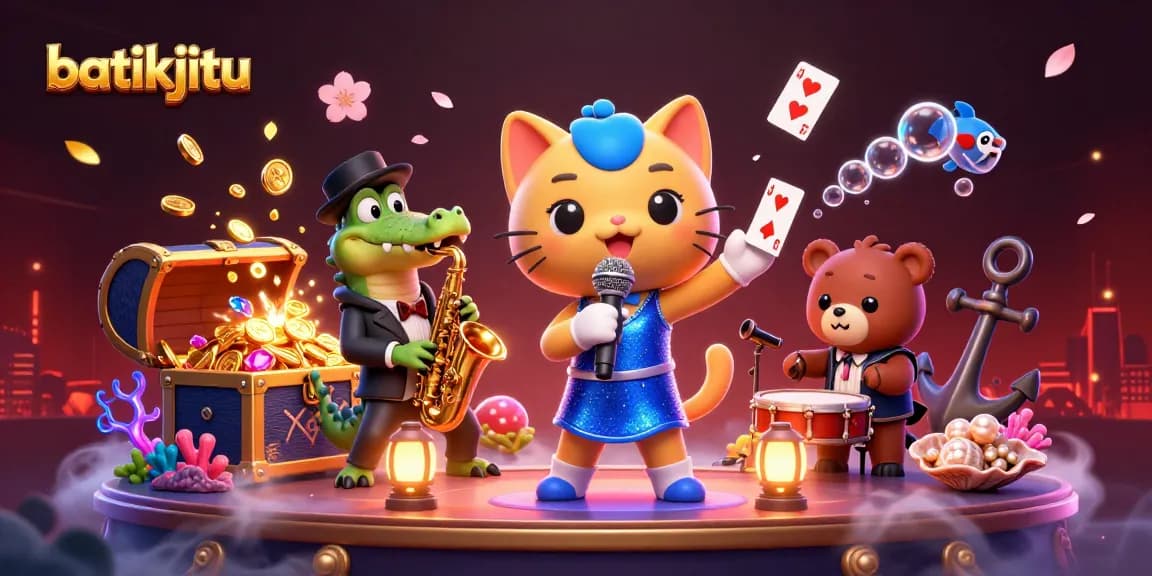 Gambarkan batikjitu saat bermain di kasino dengan karakter kucing penyanyi, buaya, dan beruang drum.