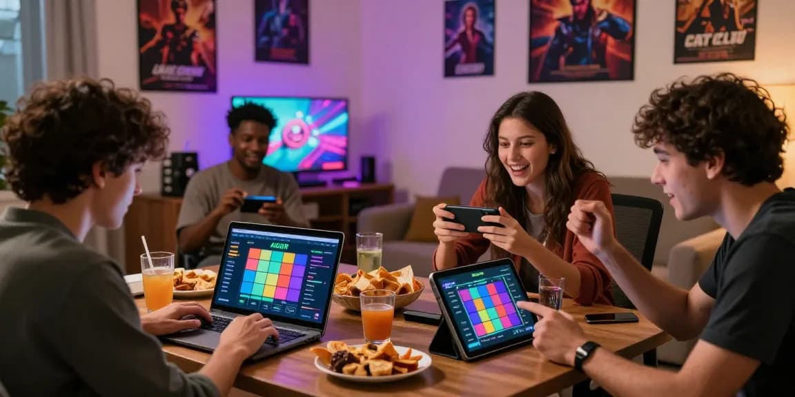 Friends enjoying jaiclub gaming app in a vibrant living room setting.