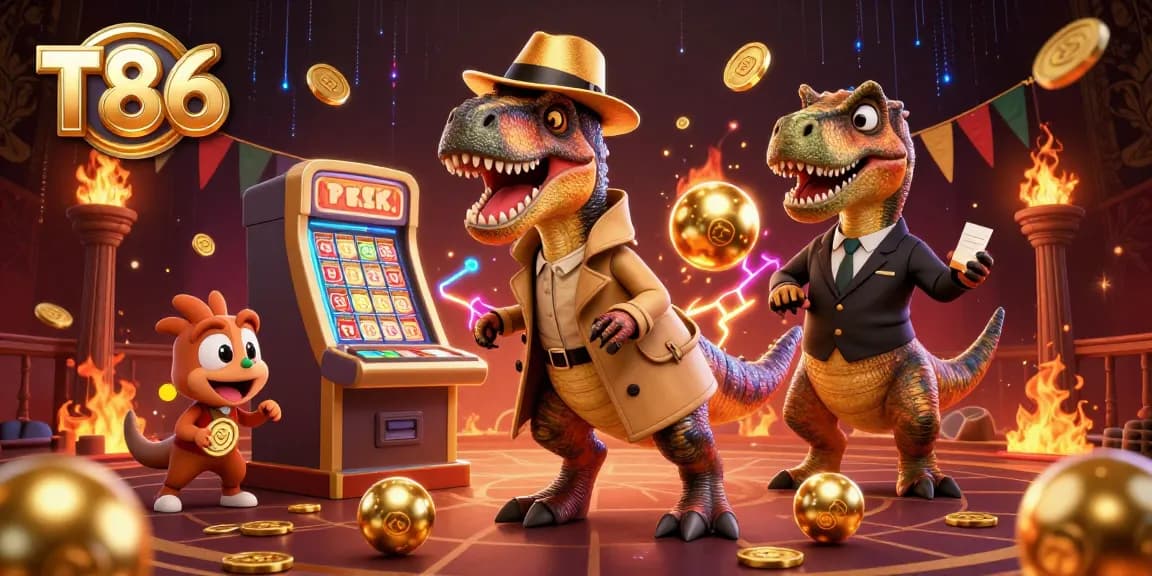 Try your luck at T86 lottery with animated characters creating a vibrant gaming scene.
