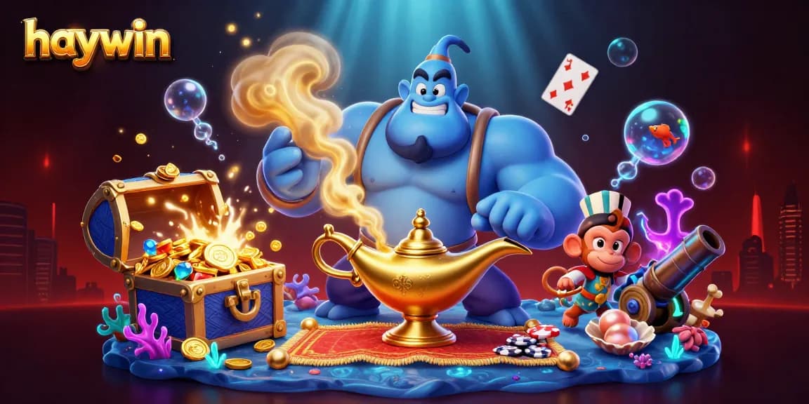 Join the magic of Haywin with this vibrant casino illustration showcasing a playful genie and treasures.