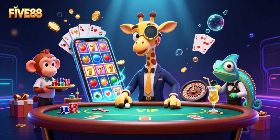 Experience the excitement of FIVE88 with this lively illustration featuring a high-roller giraffe at a poker table amid vibrant casino elements.