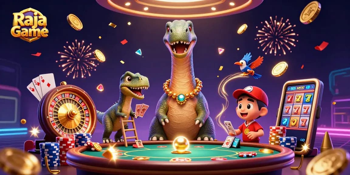 Enjoy thrilling adventures with Raja Game as a brontosaurus peers down at a vibrant casino scene.