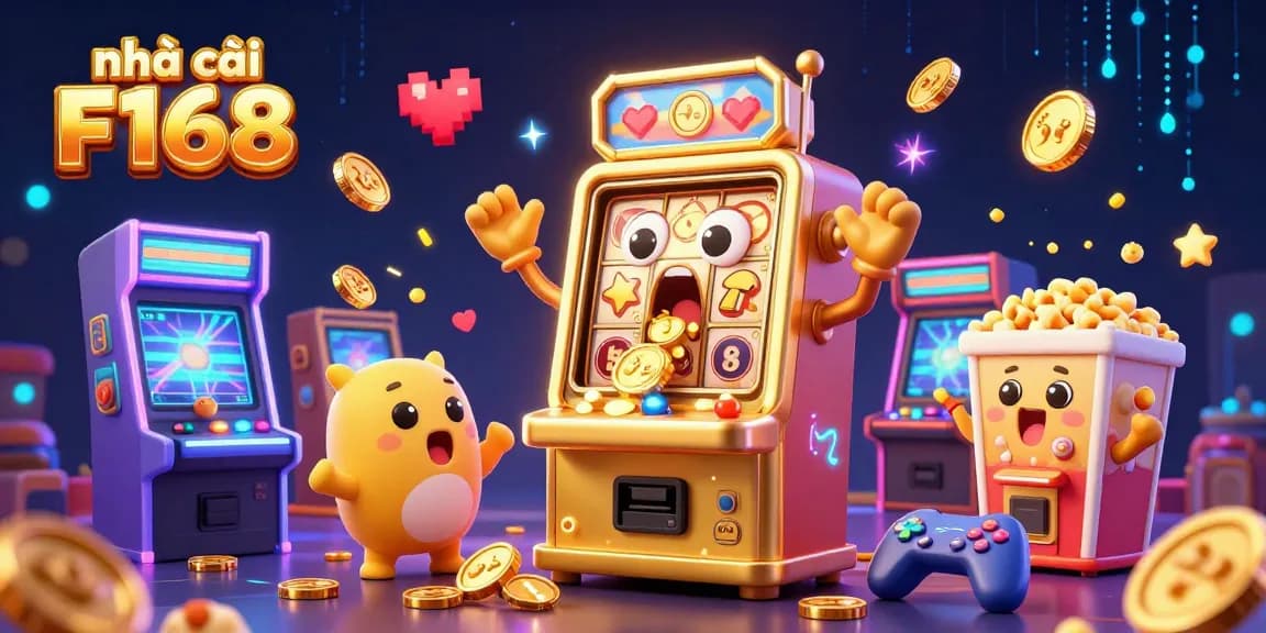 Experience thrill with nhà cái F168 as the cartoon slot machine hits a jackpot, surrounded by cheering baby machines.