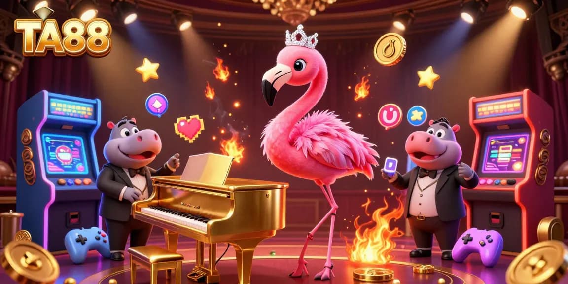 TA88 Casino illustration featuring a flamingo singer and hippo bassist with vibrant gaming elements.