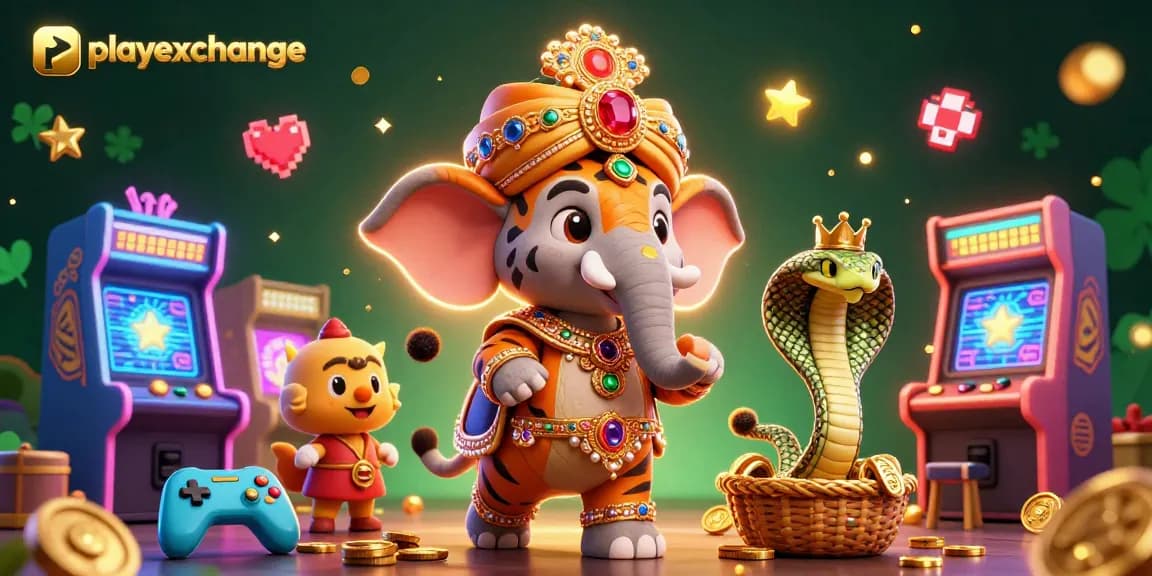 Playexchange brings excitement with a 3D maharaja tiger and vibrant gaming elements.