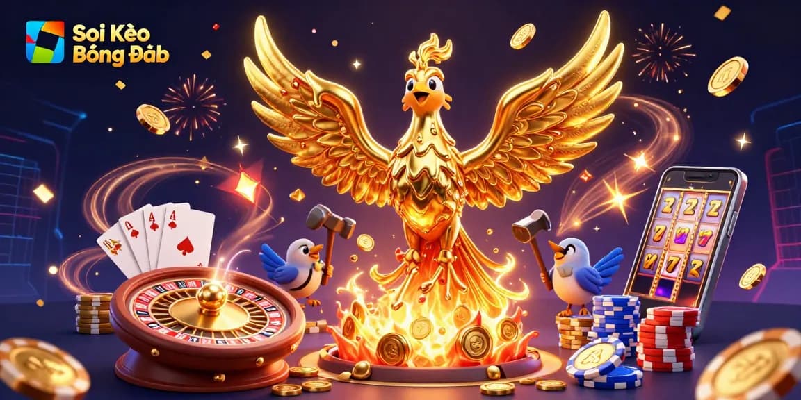 Soi Kèo Bóng Đá highlights betting strategies with a dynamic scene featuring a golden phoenix and casino elements.