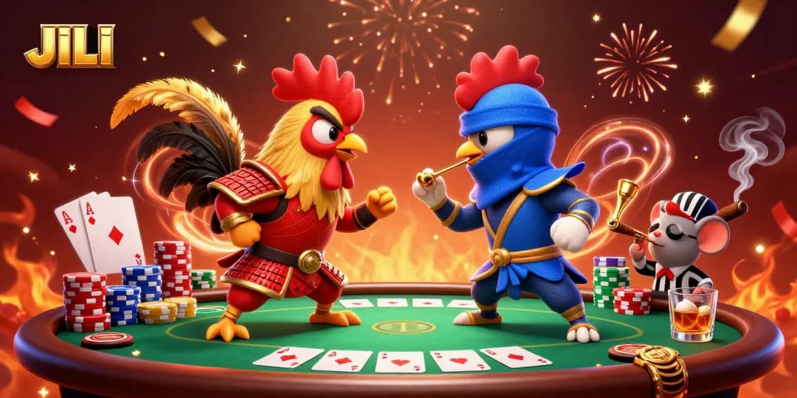 Merayakan kehebatan JILI dengan adegan duel ayam laga 3D dalam kasino penuh warna dan dinamis.