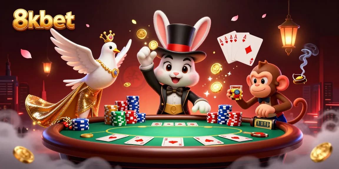 8xbet gamblers experience magic as a cartoon magician rabbit conjures winning poker chips and coins.