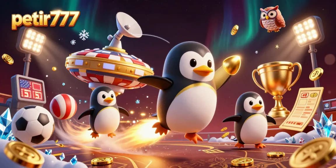 Experience thrilling gameplay at petir777 with a golden penguin navigating a cosmic casino adventure.