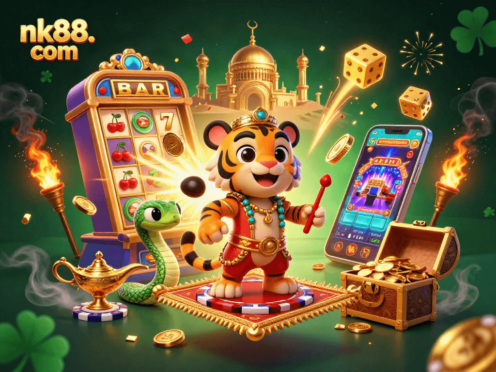 Win big at nk88. com with vibrant 3D illustrated casino action featuring jackpot slots and a magical sultan!