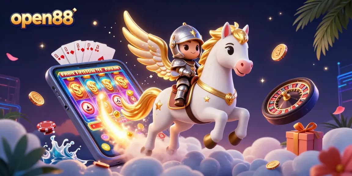 Experience exhilarating gameplay action on open88 with a dynamic setting featuring a magical horse and gaming elements.